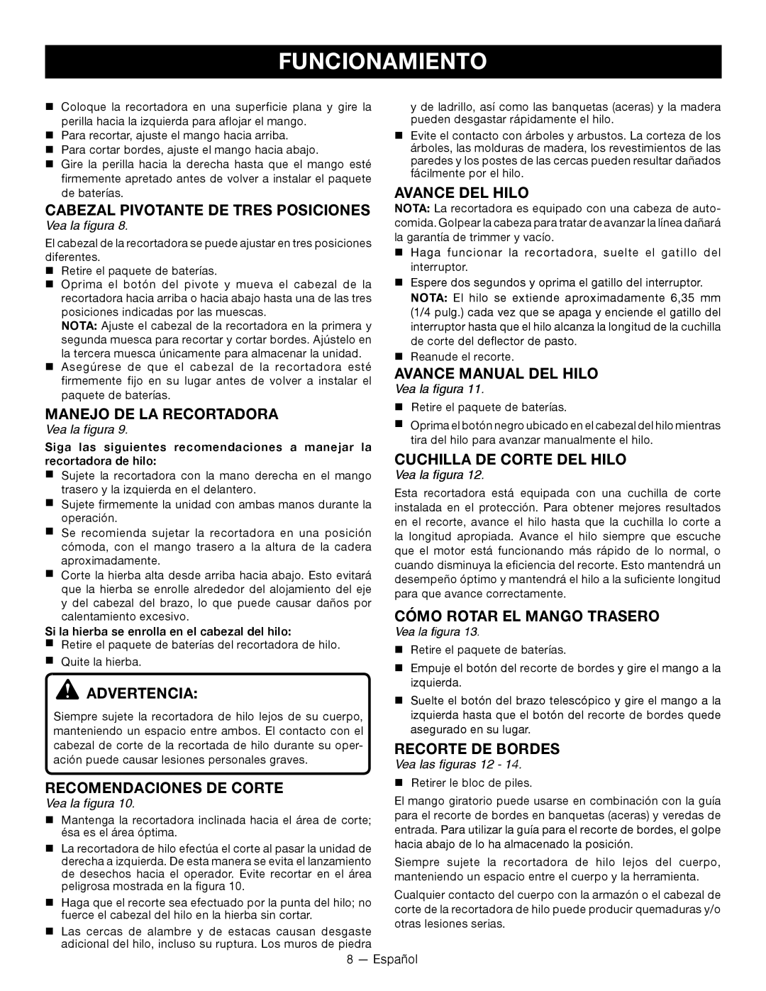 Ryobi P2002 manuel dutilisation Manejo DE LA Recortadora, Recomendaciones DE Corte, Avance DEL Hilo, Avance Manual DEL Hilo 