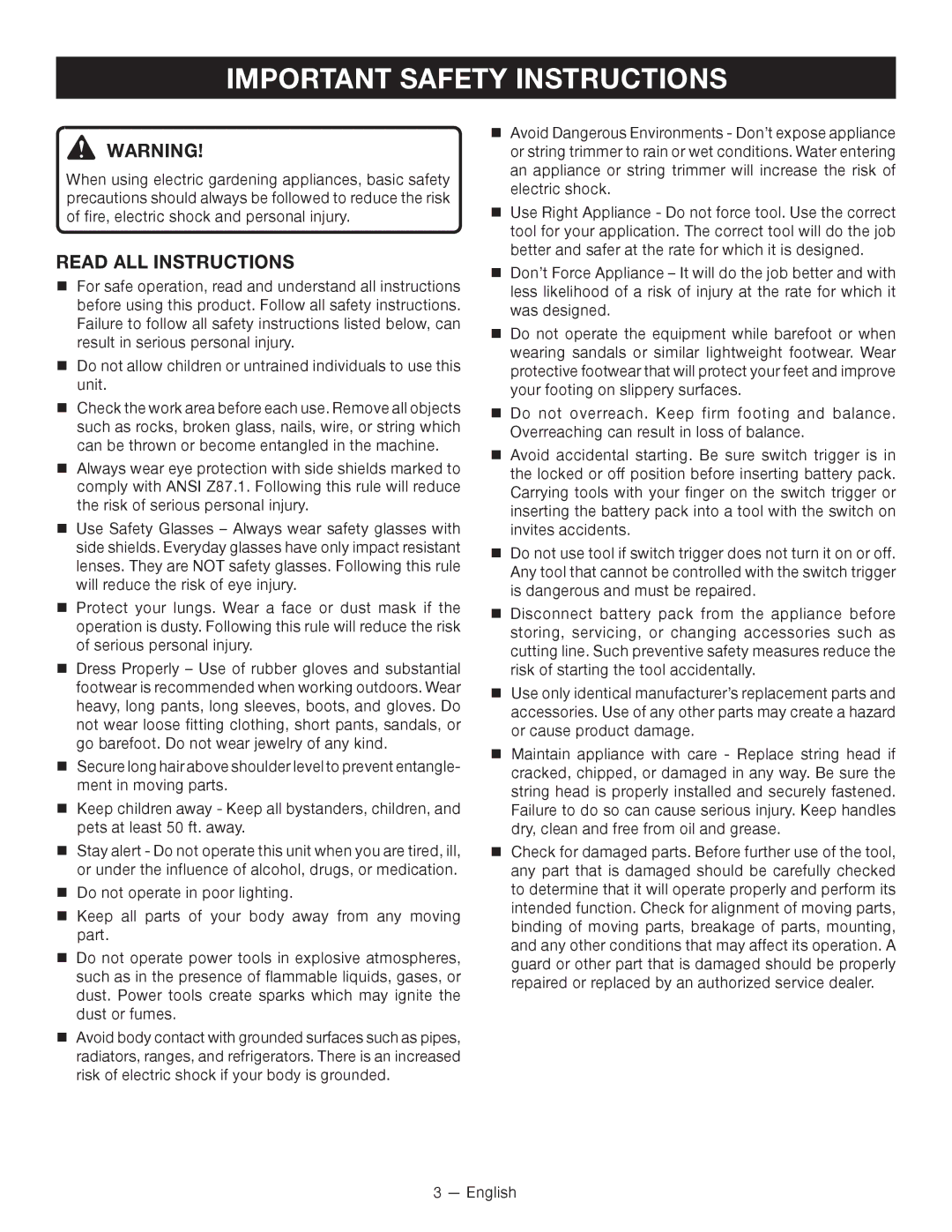 Ryobi P2002 manuel dutilisation Important Safety Instructions, Read all instructions 