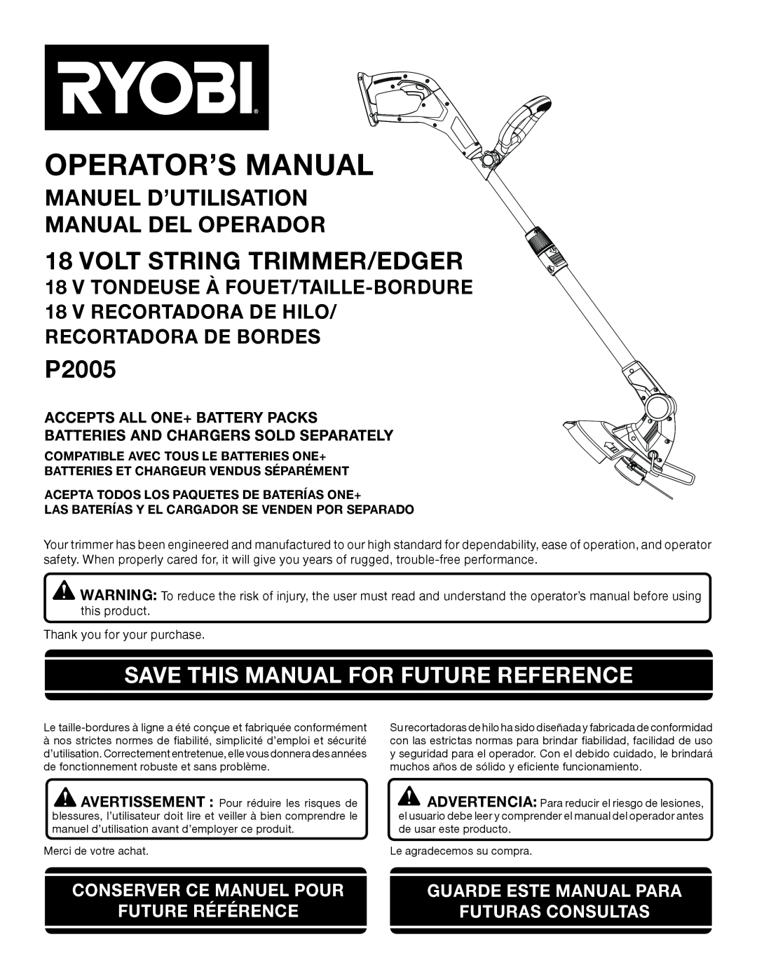 Ryobi P2005 manuel dutilisation Volt String Trimmer/Edger, Save This Manual For Future Reference, Operator’S Manual 