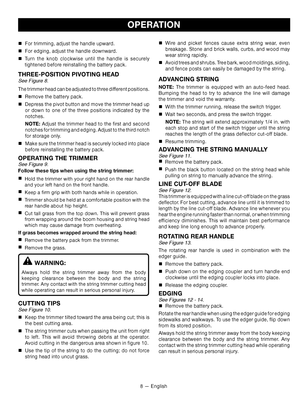 Ryobi P2005 manuel dutilisation Operation, Follow these tips when using the string trimmer, See Figures 