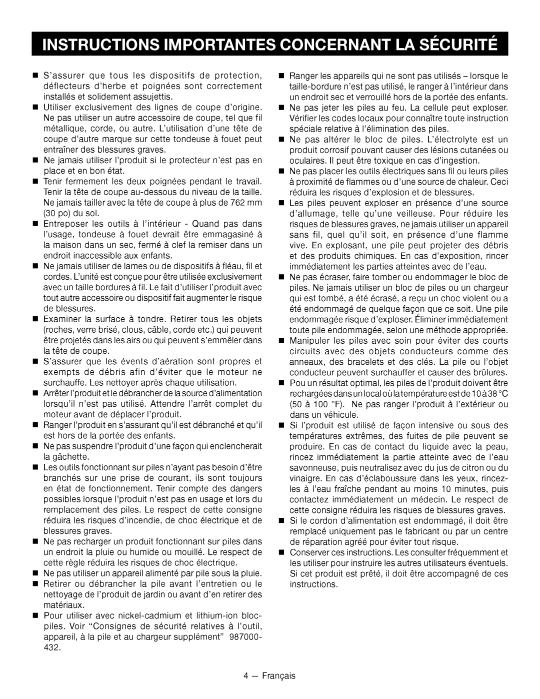 Ryobi P2005 manuel dutilisation Instructions Importantes Concernant La Sécurité, Français 
