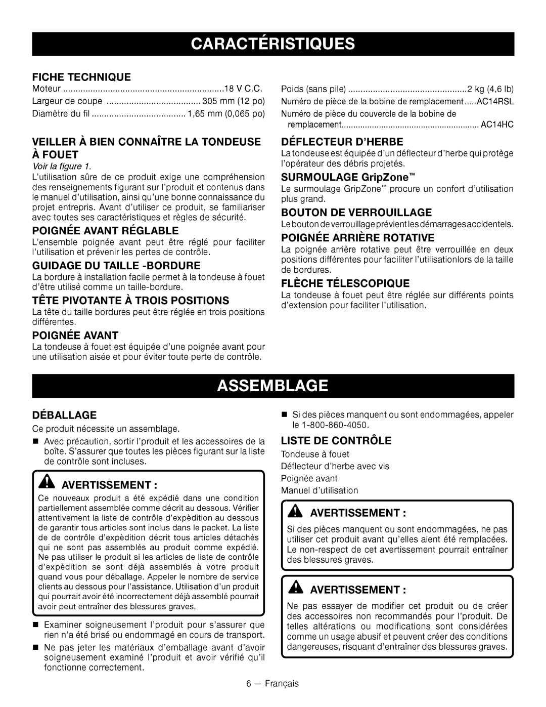 Ryobi P2005 manuel dutilisation Caractéristiques, Assemblage 