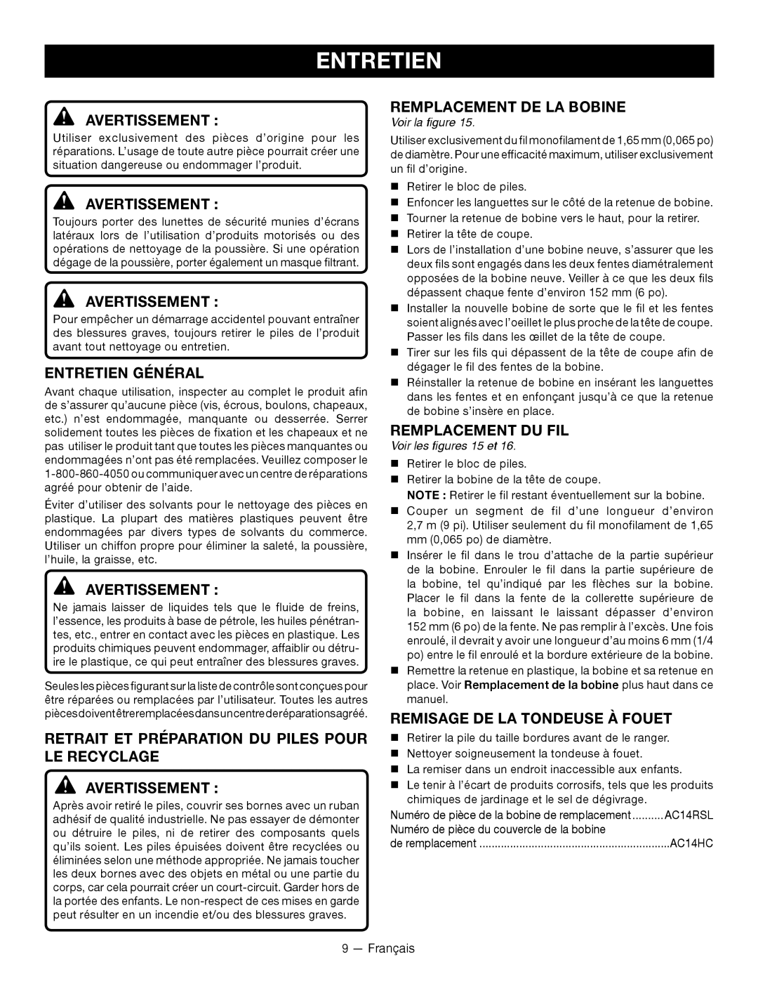 Ryobi P2005 manuel dutilisation Entretien 