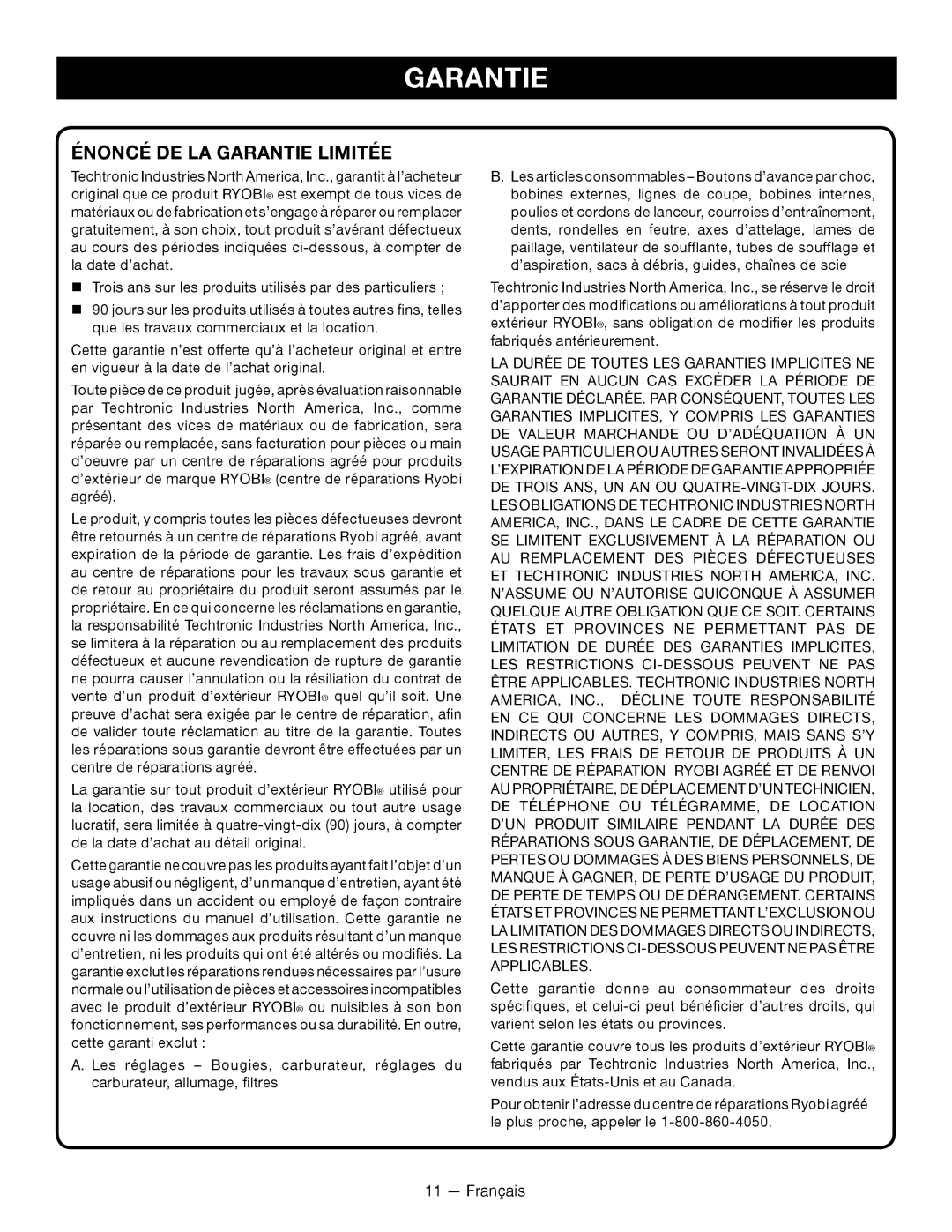 Ryobi P2005 manuel dutilisation Énoncé De La Garantie Limitée 