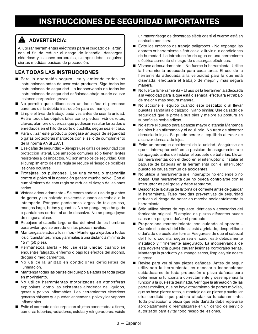 Ryobi P2005 manuel dutilisation Instrucciones De Seguridad Importantes, Advertencia, Lea Todas Las Instrucciones 