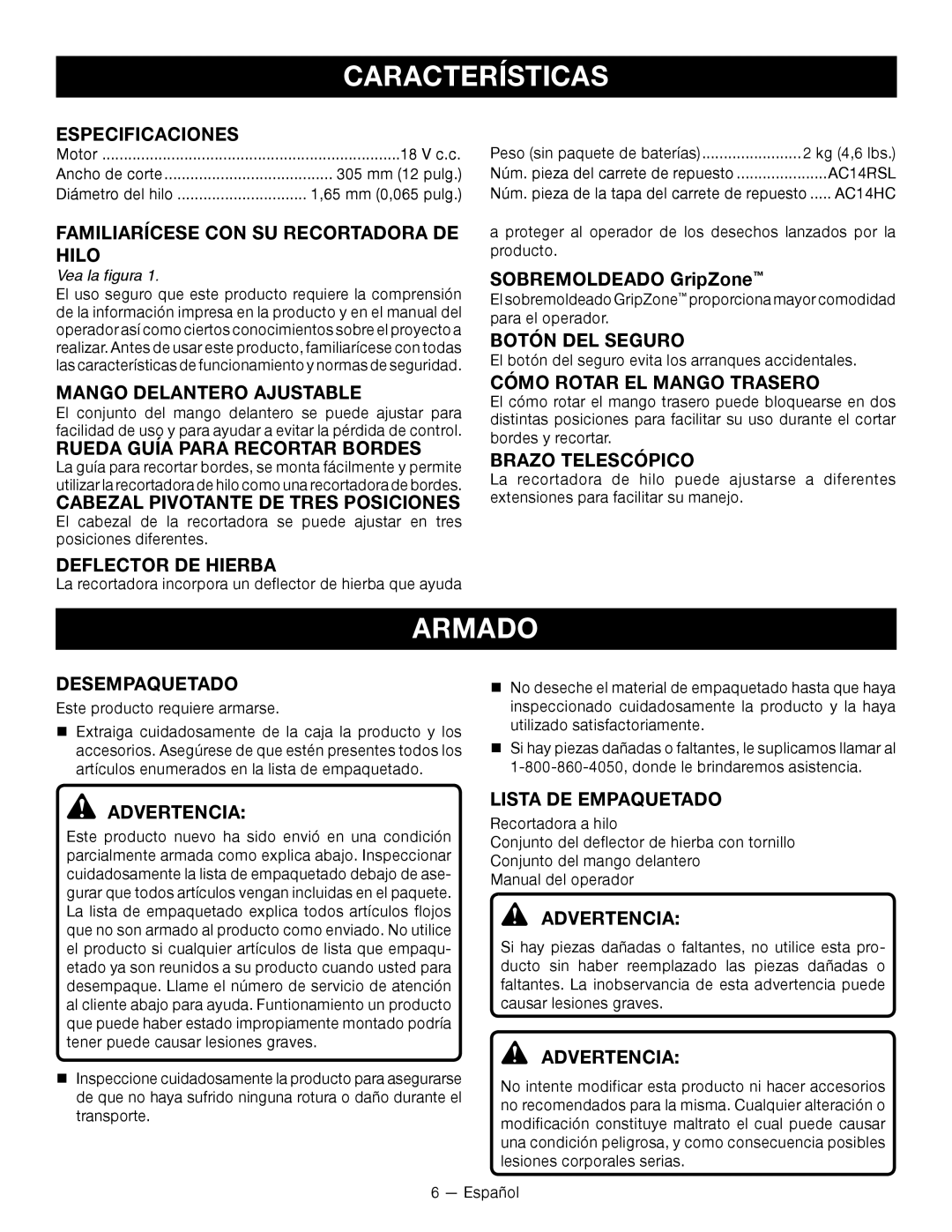 Ryobi P2005 manuel dutilisation Características, Armado 