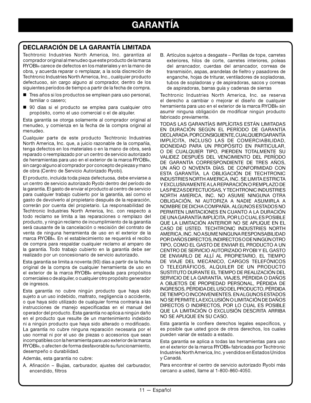 Ryobi P2005 manuel dutilisation Declaración De La Garantía Limitada 