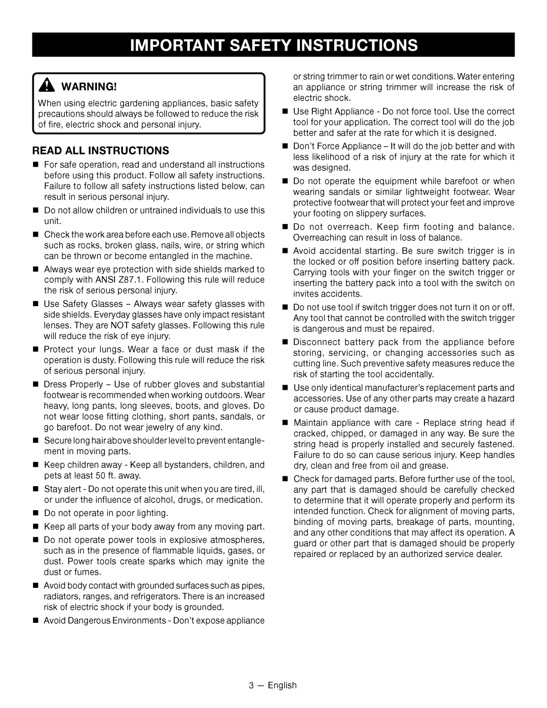 Ryobi P2005 manuel dutilisation Important Safety Instructions, Read All Instructions 