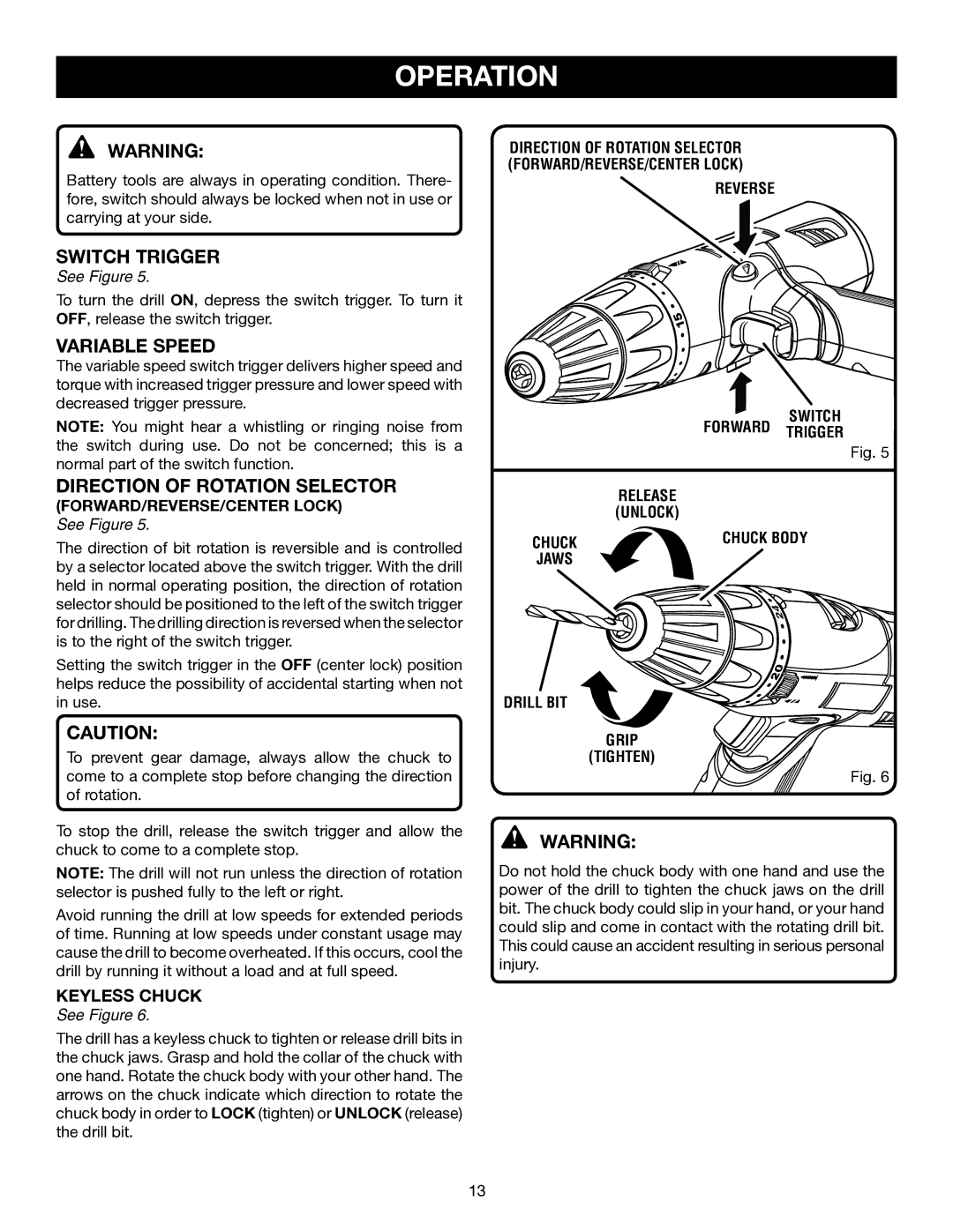 Ryobi P201 manual Switch Trigger, Reverse Switch Forward Trigger, Drill BIT Grip Tighten 