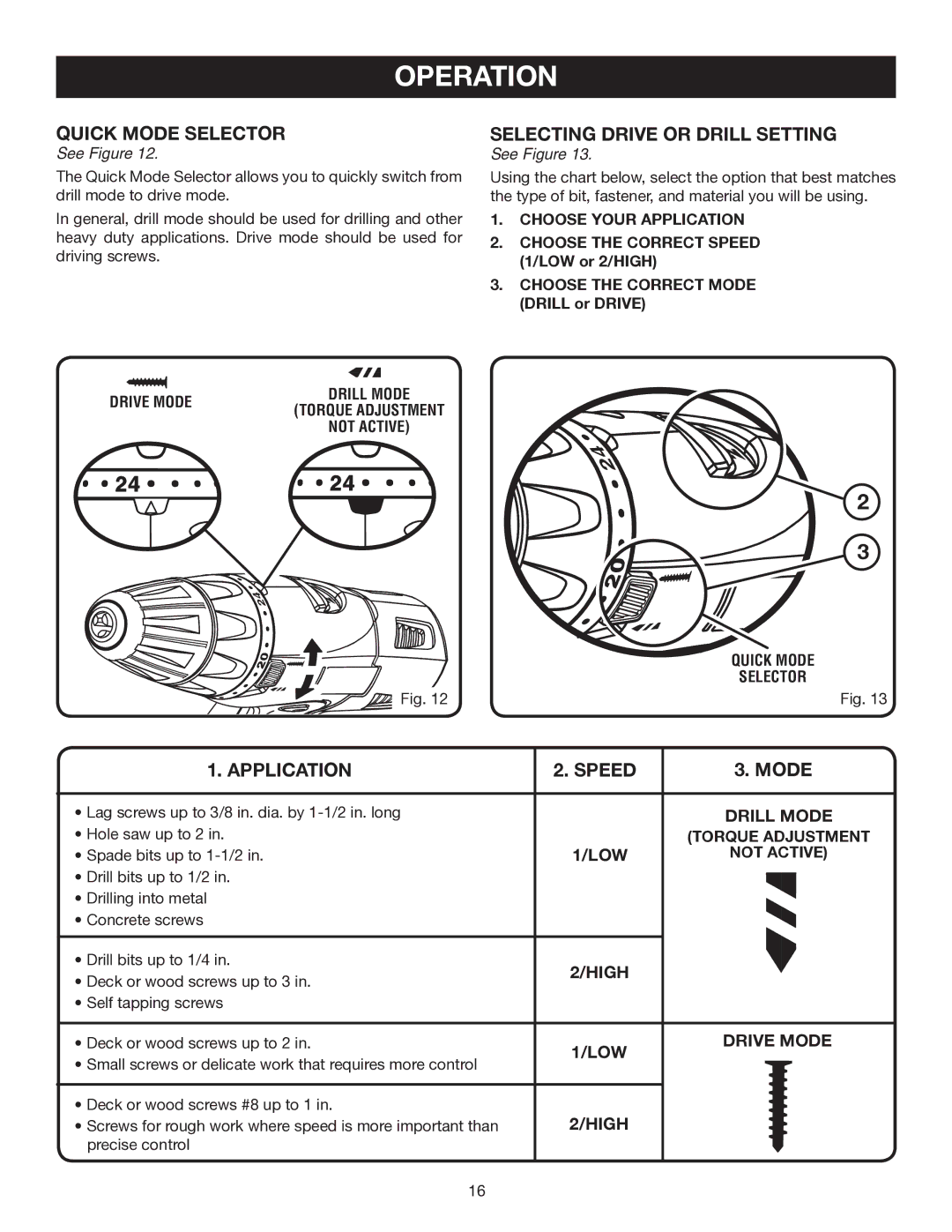 Ryobi P201 manual Selecting Drive or Drill Setting, Application Speed Mode 