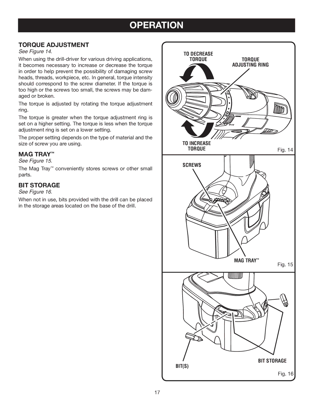 Ryobi P201 manual Torque Adjustment, MAG Tray 