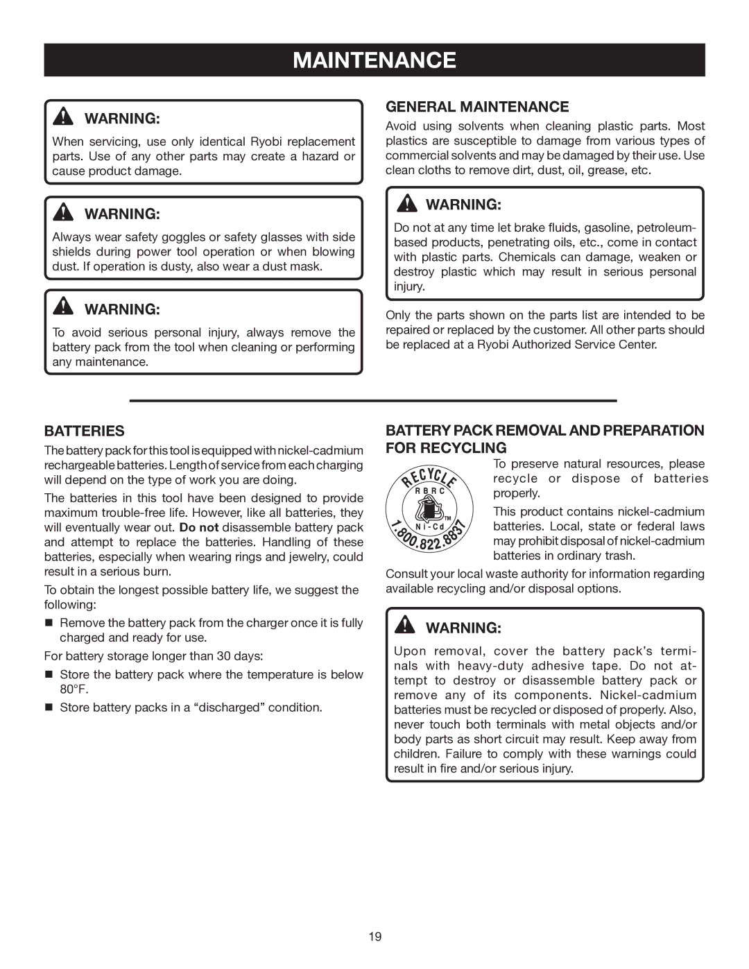 Ryobi P201 manual General Maintenance, Batteries, Battery Pack Removal and Preparation for Recycling 