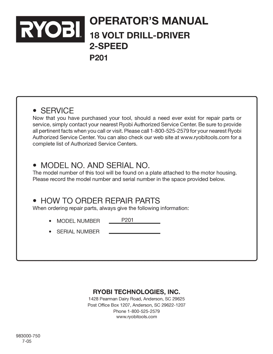 Ryobi P201 manual Service Model NO. and Serial no 