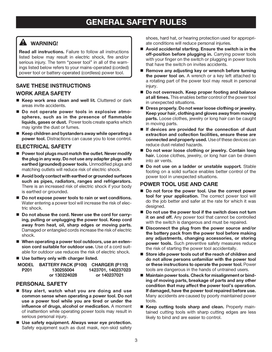 Ryobi P201 manual General Safety Rules, Work Area Safety, Electrical Safety, Personal Safety, Power Tool USE and Care 