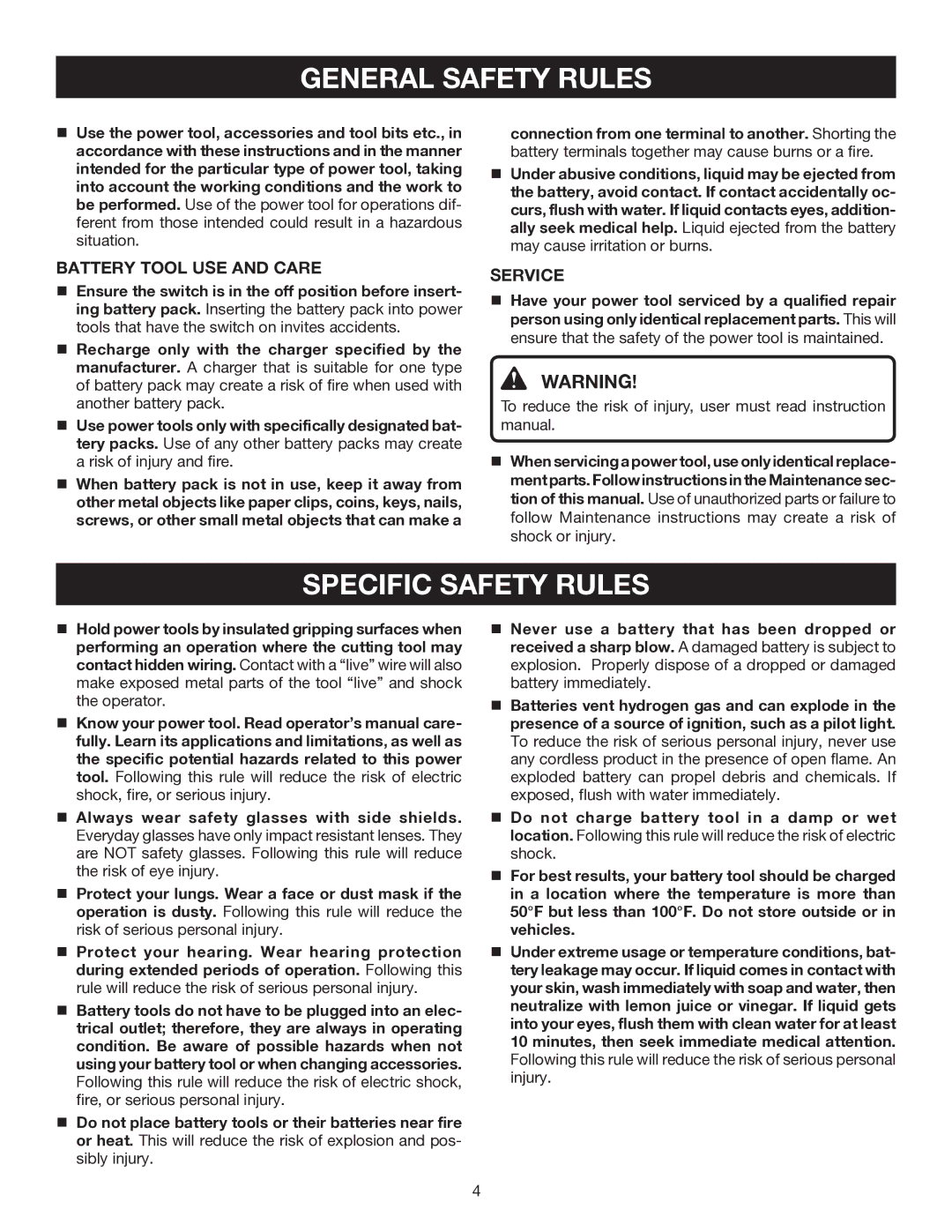 Ryobi P201 manual Specific Safety Rules, Battery Tool USE and Care 