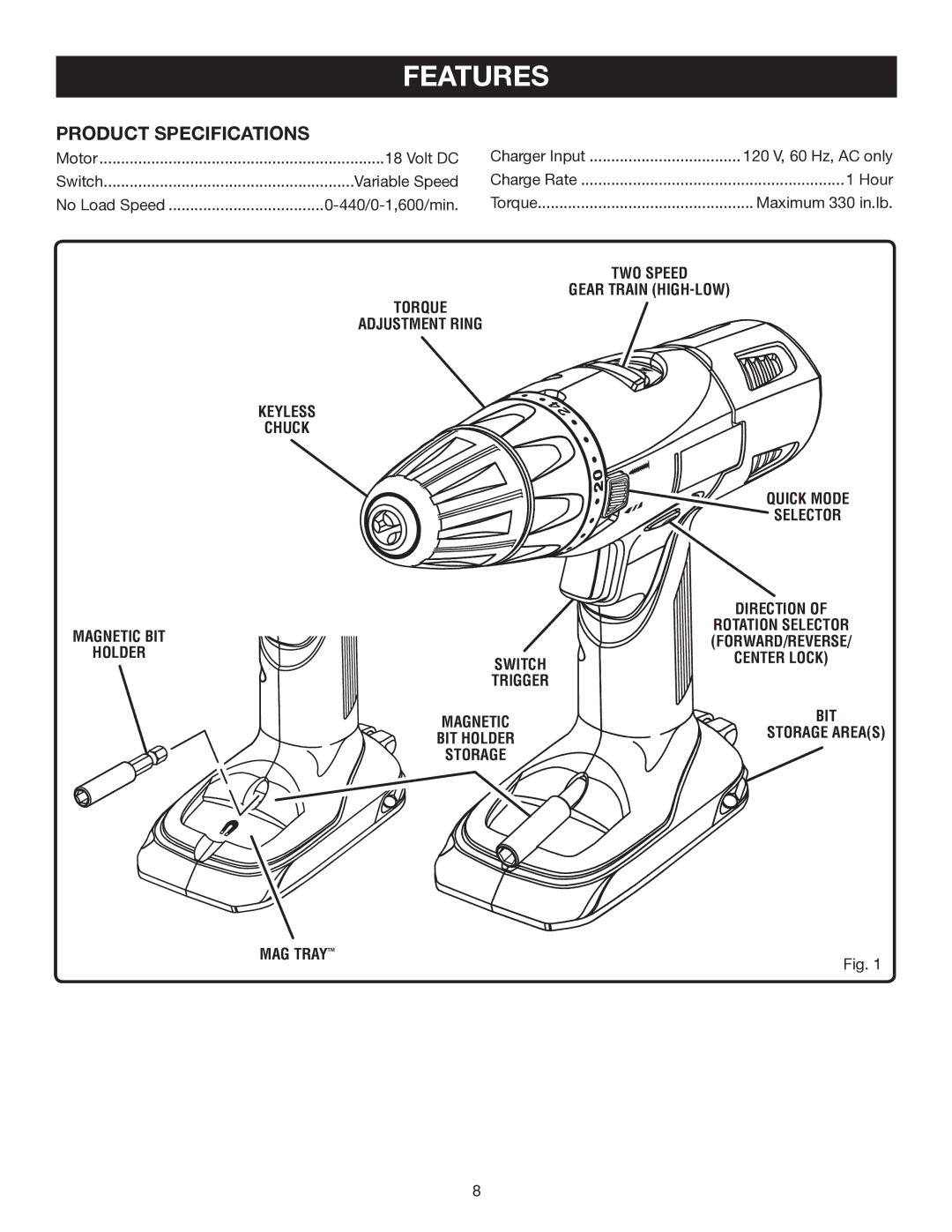 Ryobi P201 manual Features, Product Specifications 