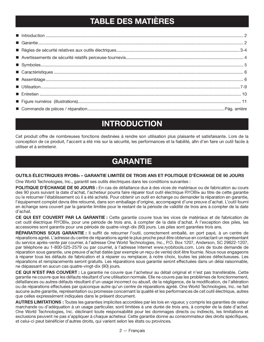 Ryobi P202 manuel dutilisation Table DES Matières, Garantie 