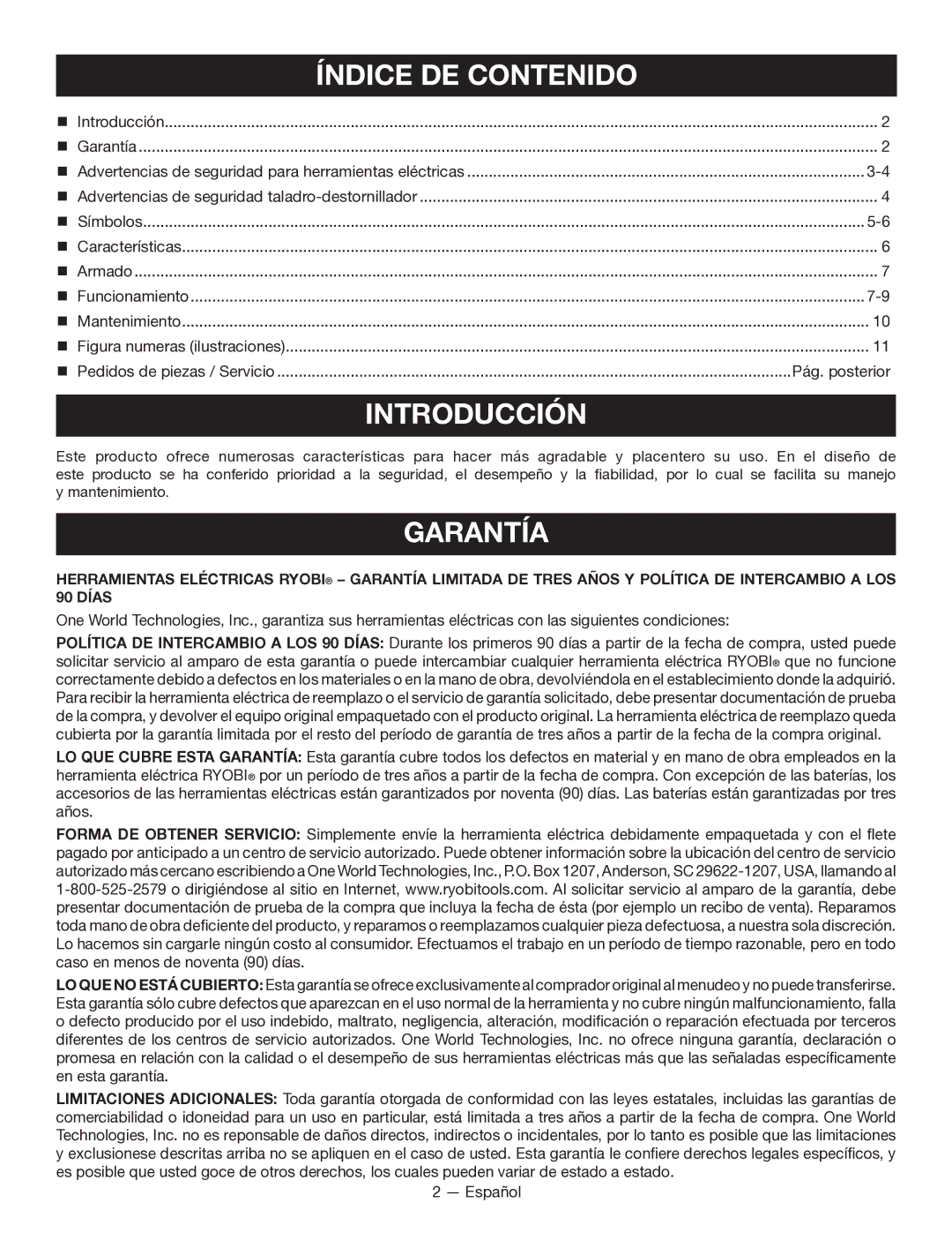 Ryobi P202 manuel dutilisation Índice DE Contenido, Introducción, Garantía 