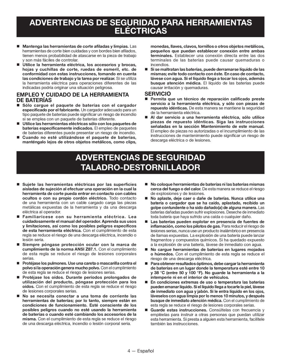 Ryobi P202 Advertencias DE Seguridad TALADRO-DESTORNILLADOR, Empleo Y Cuidado DE LA Herramienta DE Baterías, Servicio 