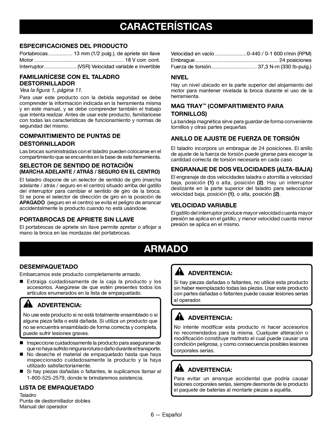 Ryobi P202 manuel dutilisation Características, Armado 