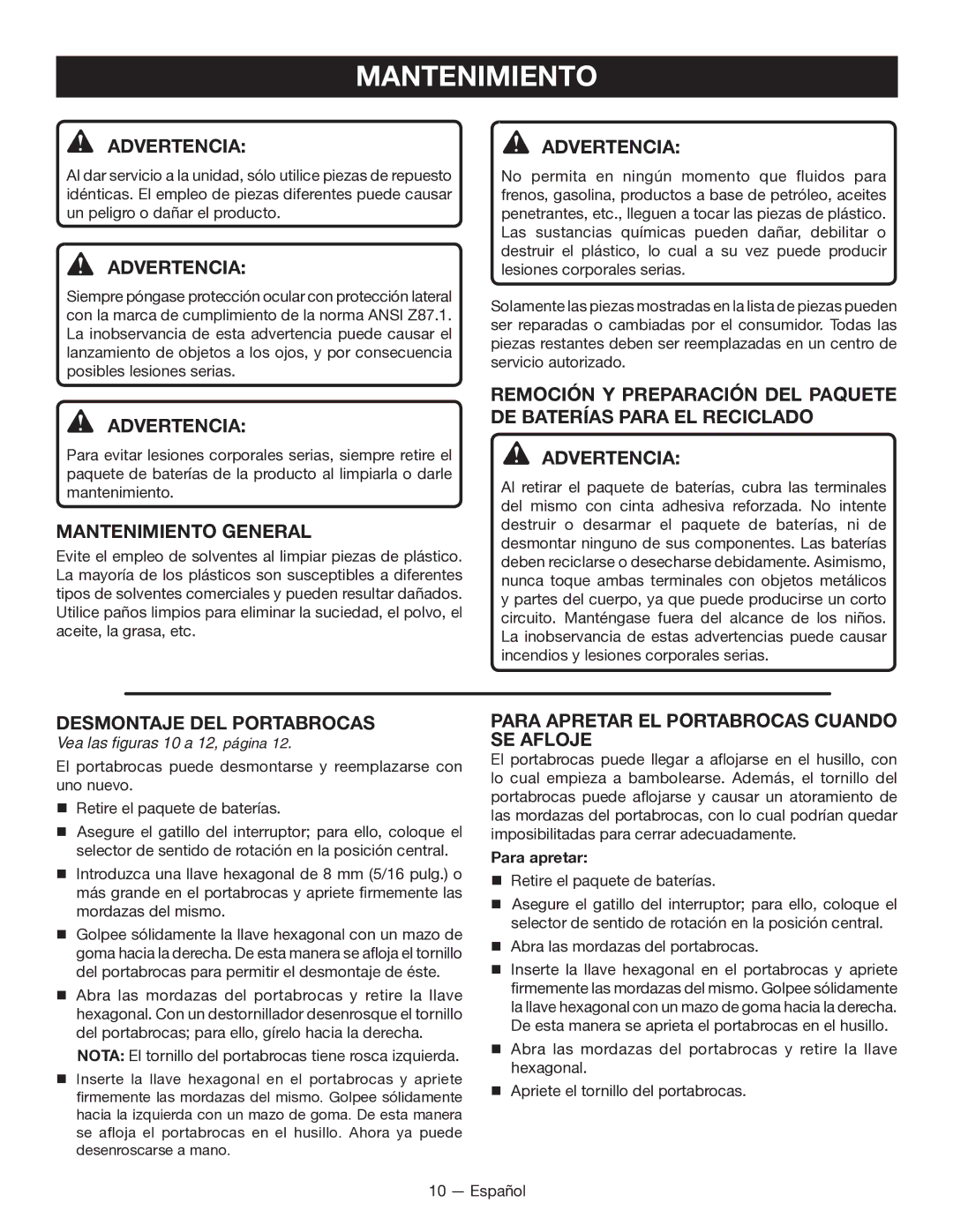 Ryobi P202 Mantenimiento General, Desmontaje DEL Portabrocas, Para Apretar EL Portabrocas Cuando SE Afloje 