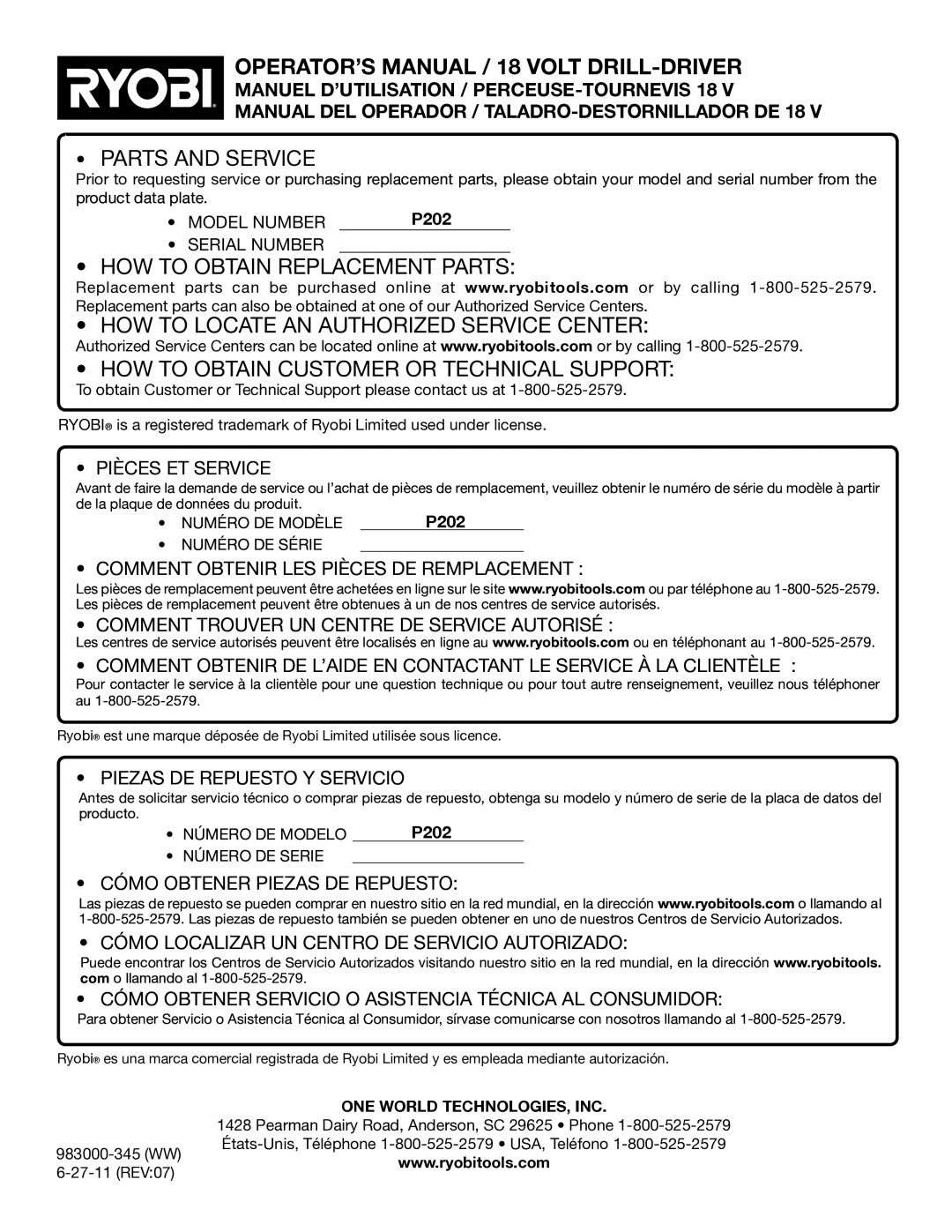 Ryobi P202 manuel dutilisation OPERATOR’S Manual / 18 Volt DRILL-DRIVER, ONE World TECHNOLOGIES, INC 