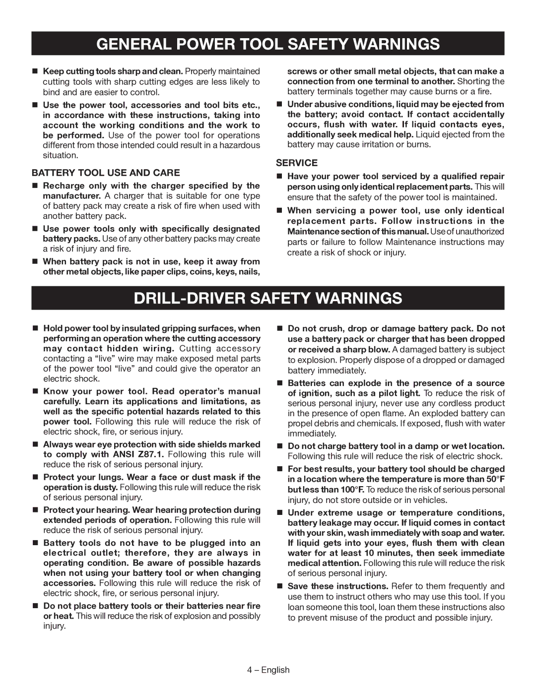 Ryobi P202 manuel dutilisation DRILL-DRIVER Safety Warnings, Battery Tool USE and Care, Service 