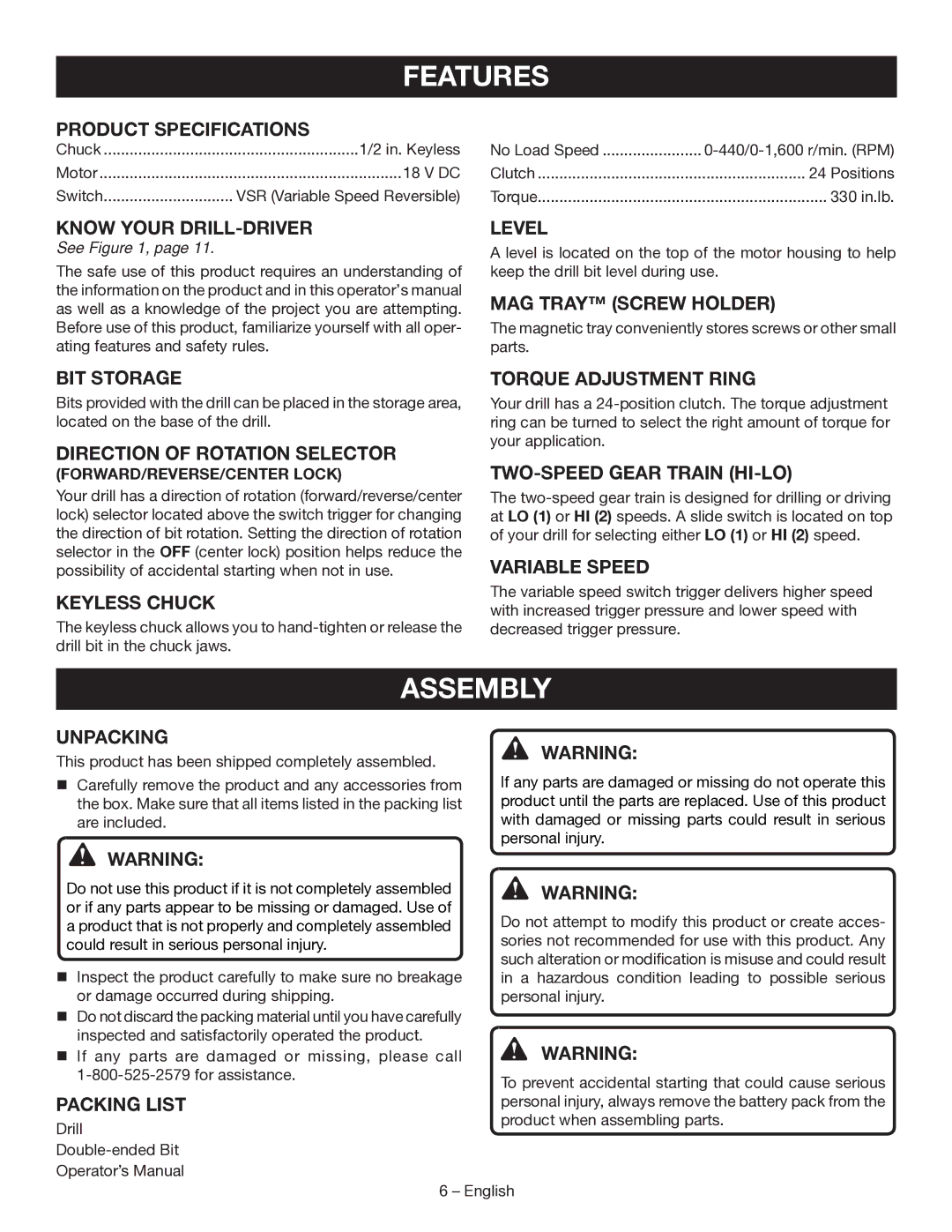 Ryobi P202 manuel dutilisation Features, Assembly 