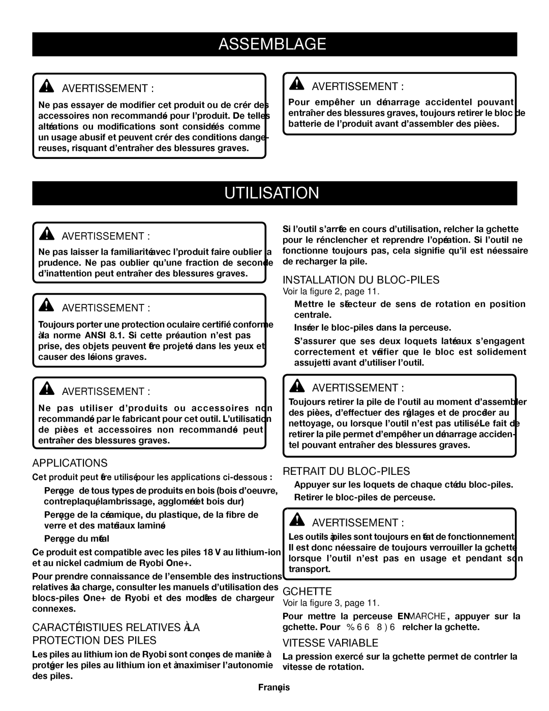 Ryobi P204 Utilisation, Installation DU Bloc-piles , Caractéristiques Relatives À LA Protection DES Piles, Gâchette 