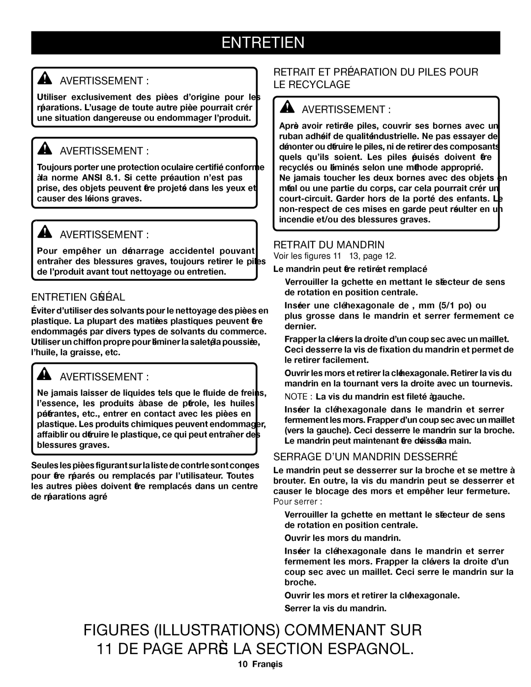 Ryobi P204 manuel dutilisation Retrait ET Préparation DU Piles Pour LE Recyclage, Entretien Général, Retrait DU Mandrin 