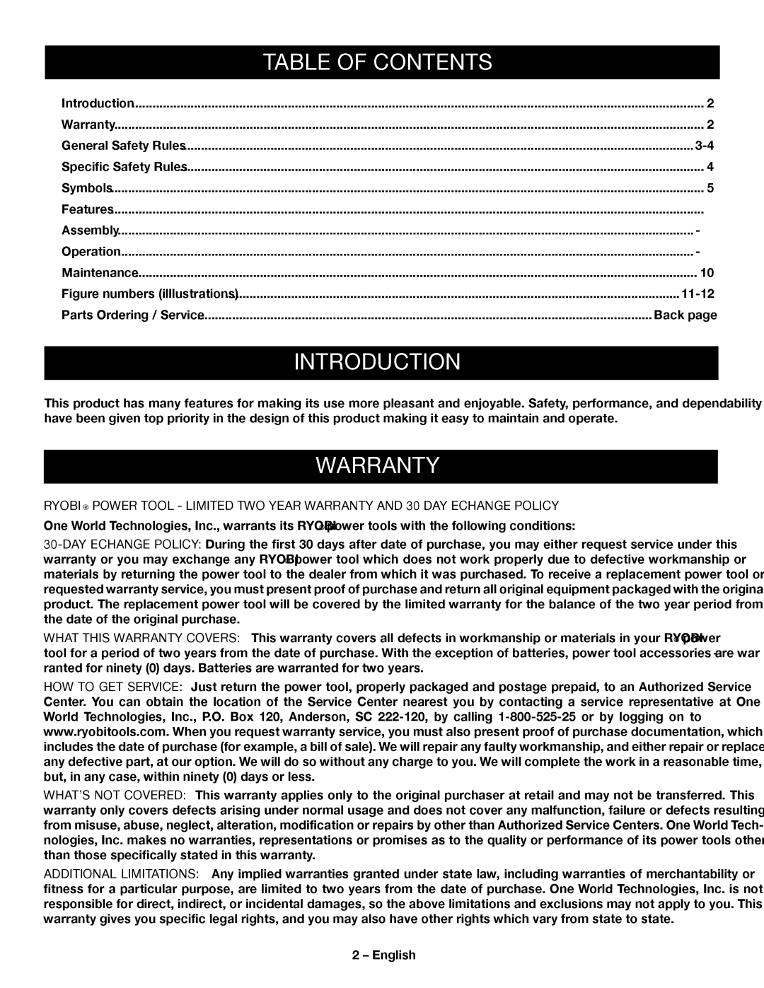 Ryobi P204 manuel dutilisation Introduction, Table of Contents 