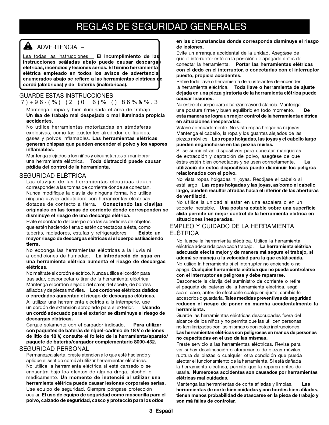 Ryobi P204 manuel dutilisation Reglas DE Seguridad Generales, Advertencia, Seguridad Eléctrica, Seguridad Personal 