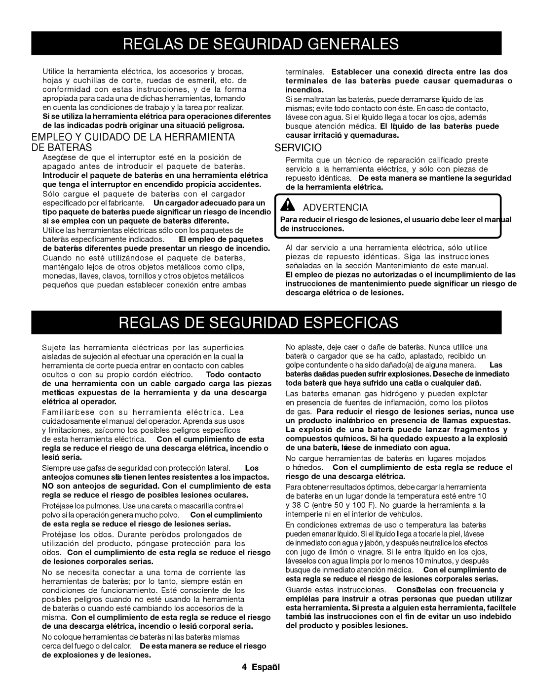 Ryobi P204 Reglas DE Seguridad Específicas, Empleo Y Cuidado DE LA Herramienta DE BateríaS, Servicio, ¡Advertencia 