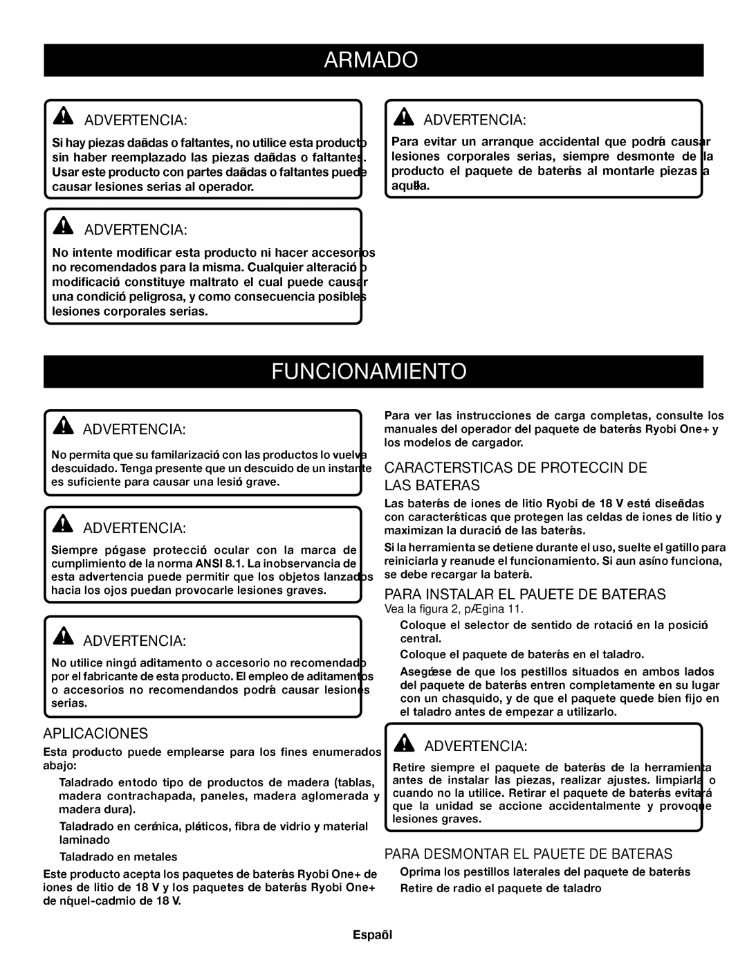 Ryobi P204 manuel dutilisation Funcionamiento, Aplicaciones, Características DE Protección DE LAS Baterías 