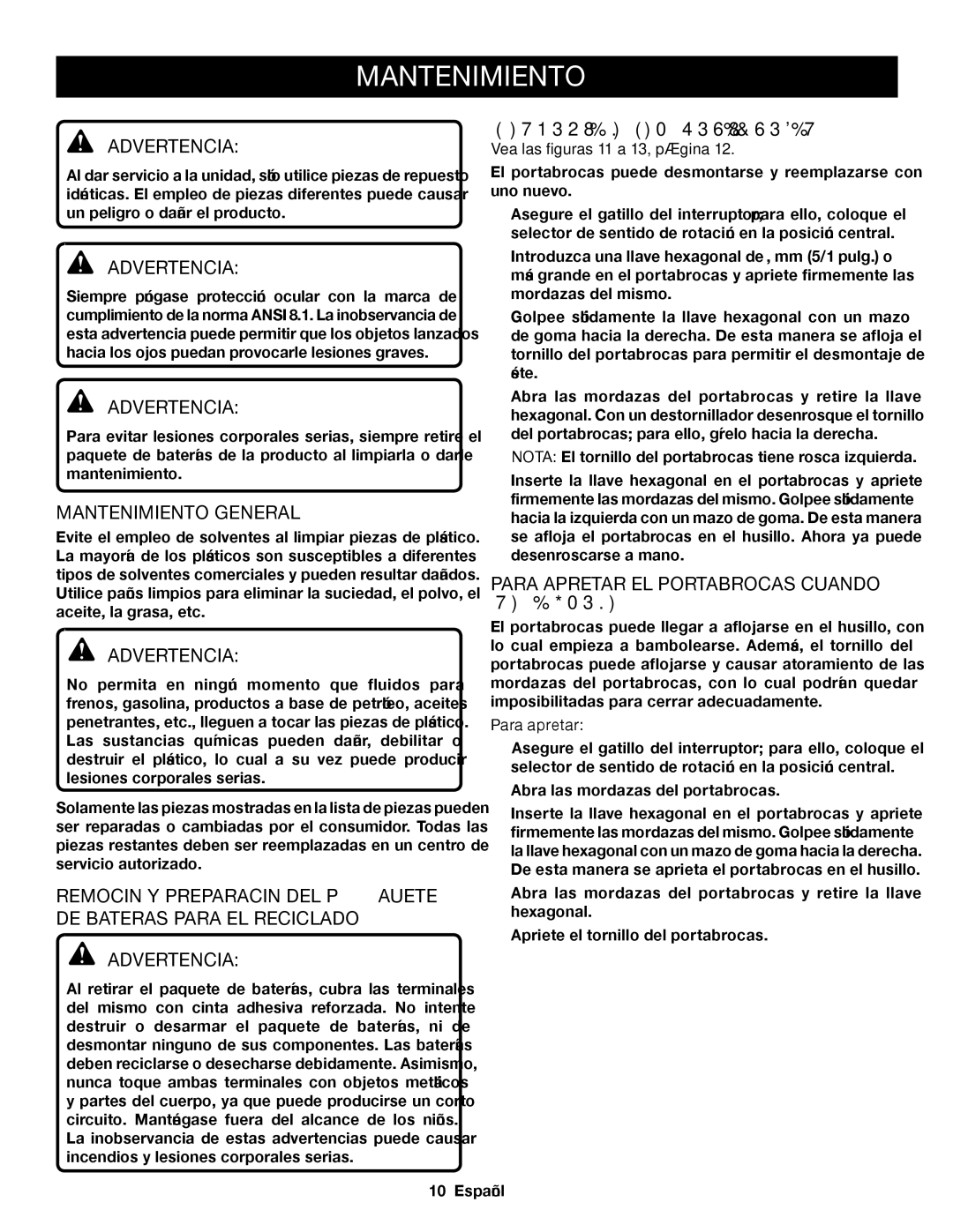 Ryobi P204 Mantenimiento General, Desmontaje DEL Portabrocas, Para Apretar EL Portabrocas Cuando SE Afloje 