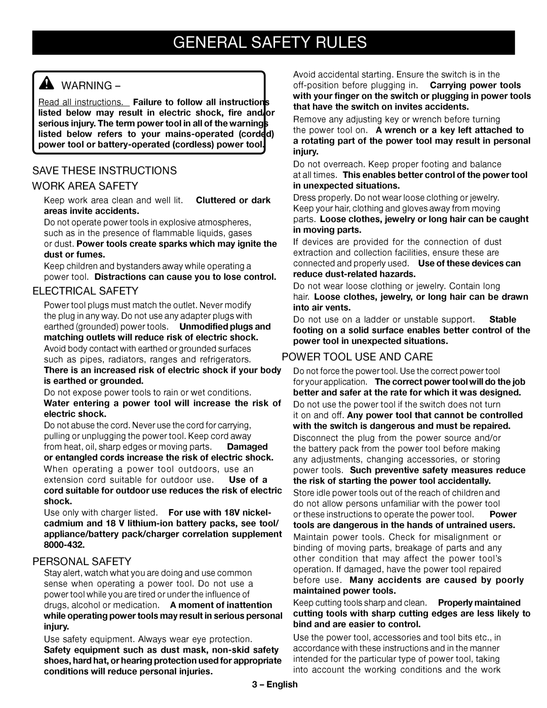 Ryobi P204 General Safety Rules, Work Area Safety, Electrical Safety, Personal Safety, Power Tool USE and Care 