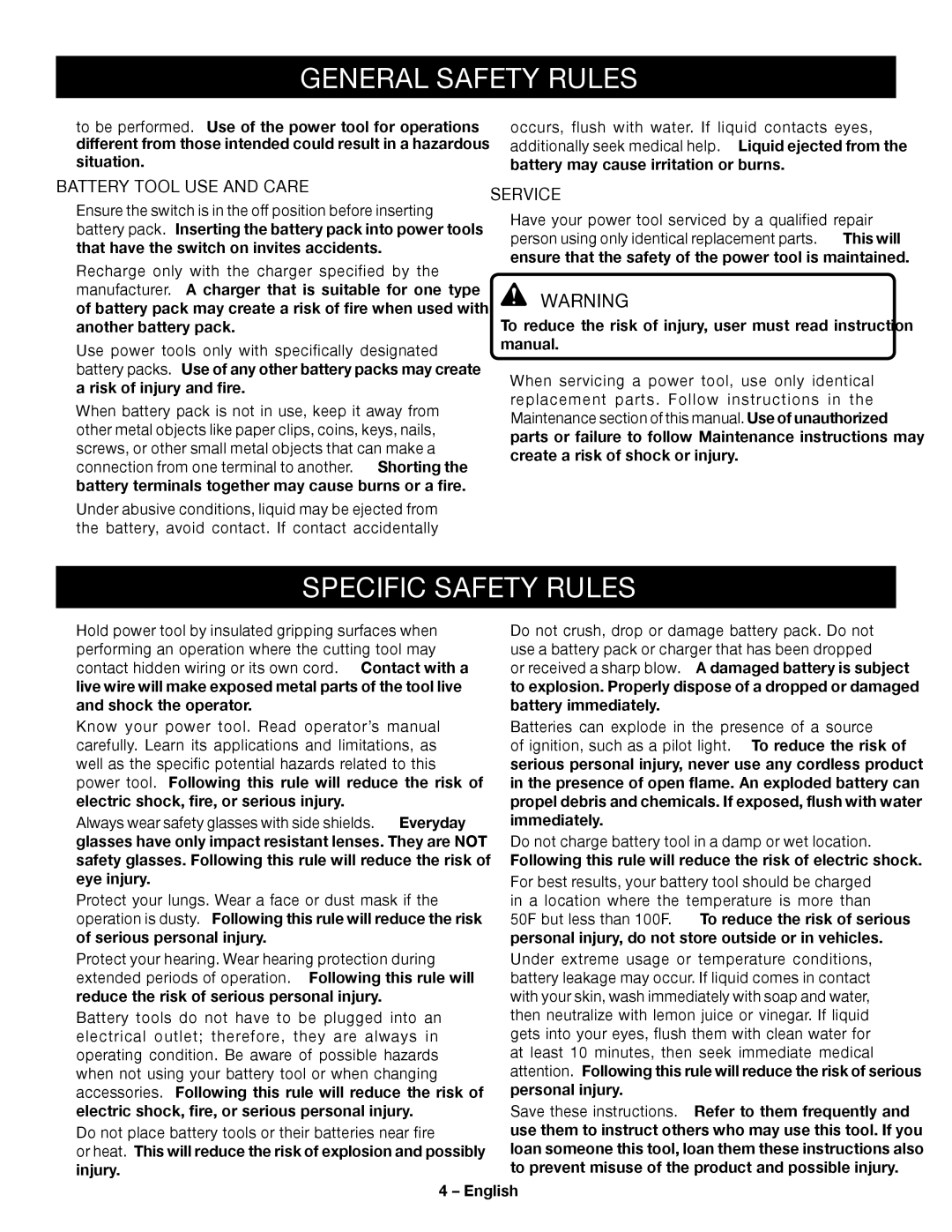 Ryobi P204 manuel dutilisation Specific Safety Rules, Battery Tool USE and Care, Service 