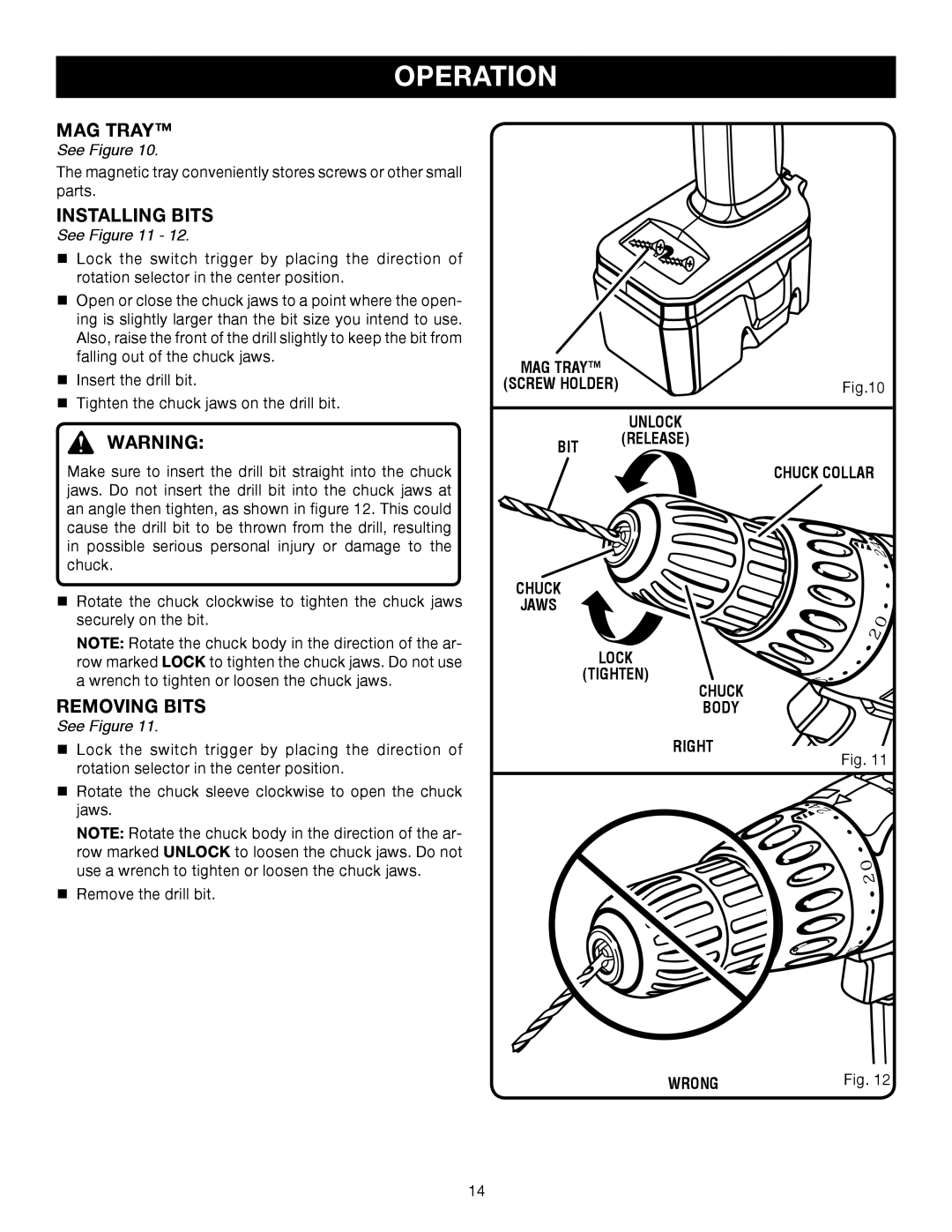 Ryobi P206 manual Installing Bits, Removing Bits, Right Chuck Collar Wrong 