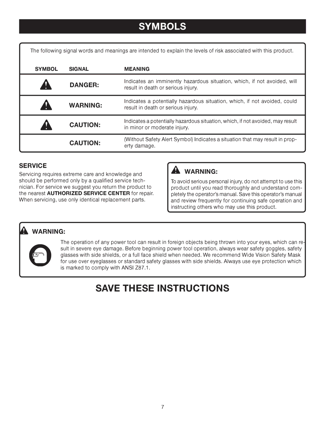 Ryobi P206 manual Service, Symbol Signal Meaning 