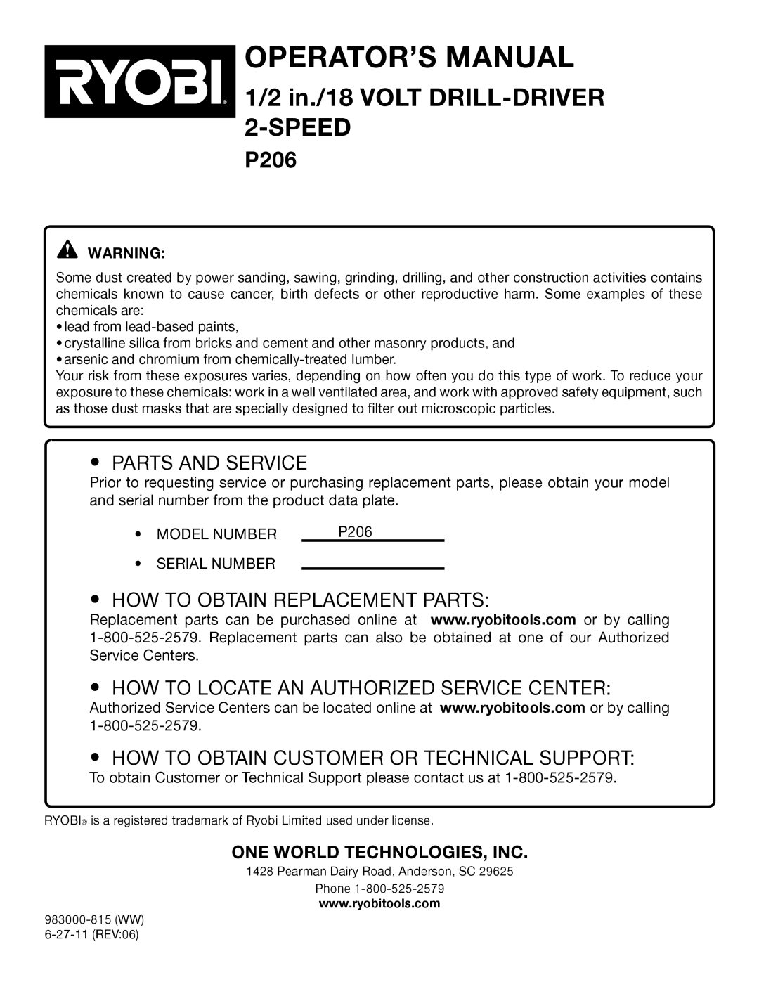 Ryobi P206 manual Parts and Service 