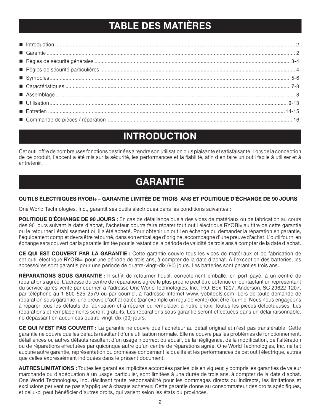 Ryobi P206 manual Garantie, Table DES Matières 