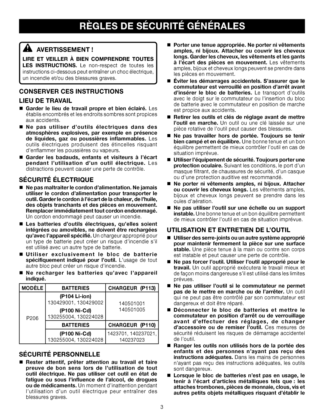 Ryobi P206 manual Règles DE Sécurité Générales 