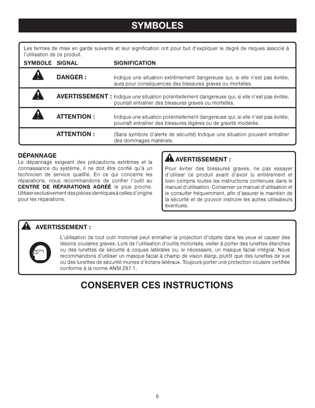 Ryobi P206 manual Avertissement, Symbole Signal Signification 