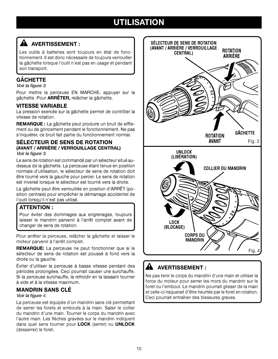 Ryobi P206 manual Gâchette, Unlock Libération Collier DU Mandrin, Lock Blocage Corps DU Mandrin 