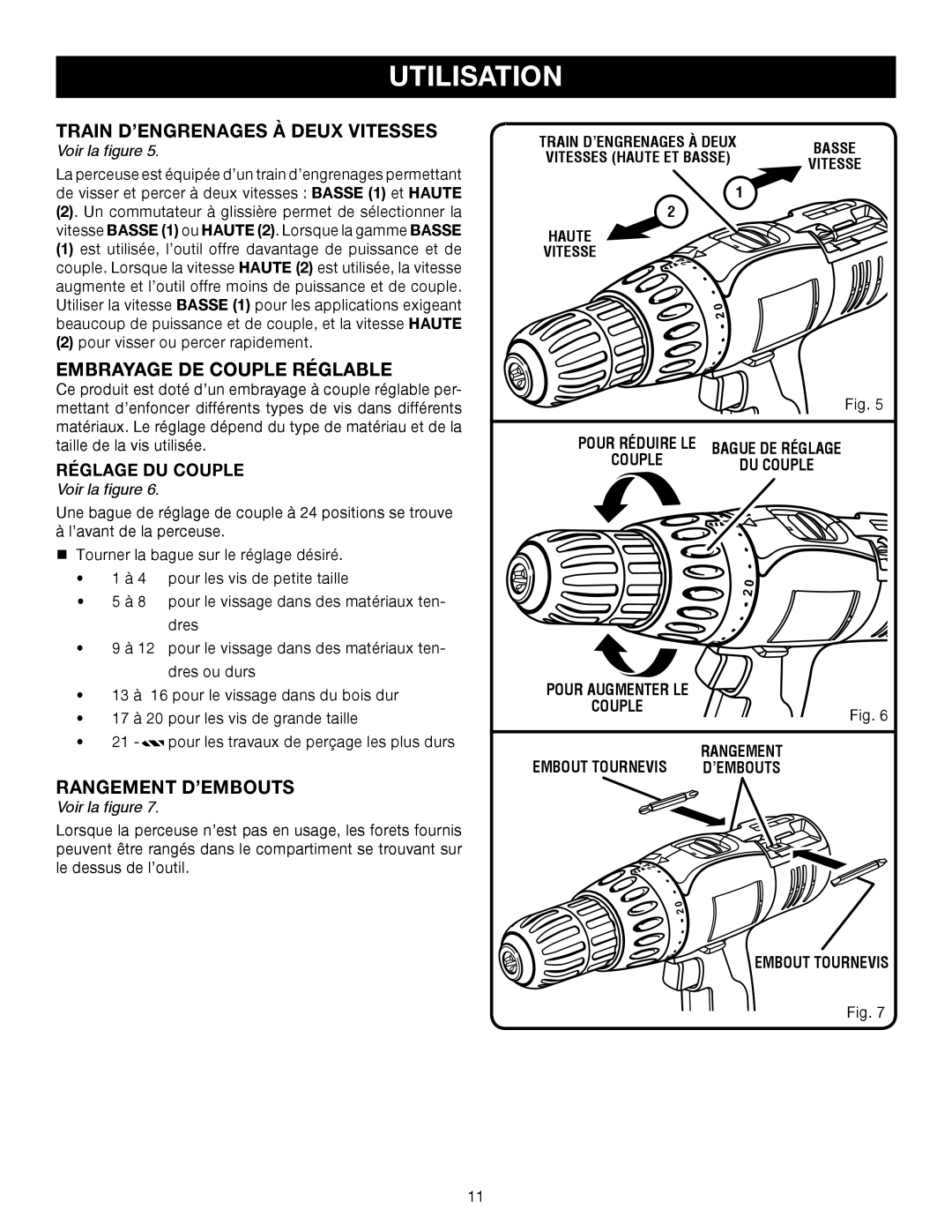 Ryobi P206 manual Embrayage DE Couple Réglable, Réglage DU Couple 