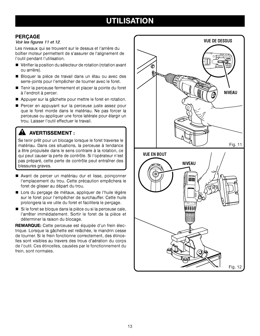 Ryobi P206 manual Perçage, Voir les figures 11 et, VUE DE Dessus Niveau 