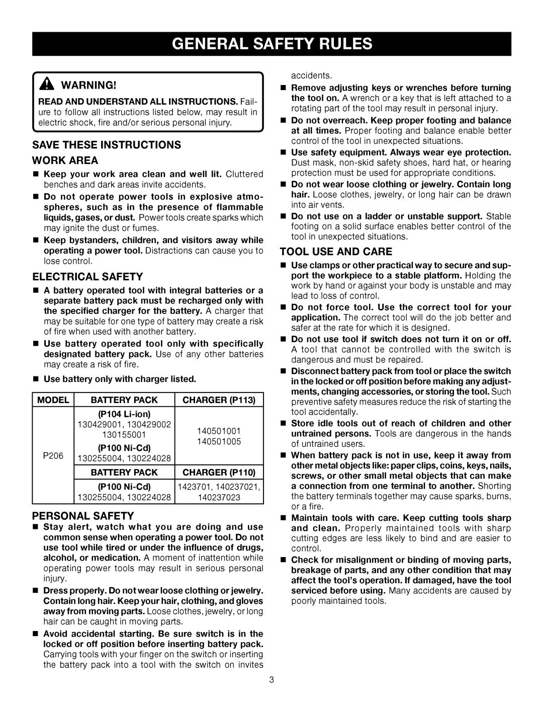 Ryobi P206 manual General Safety Rules, Work Area, Electrical Safety, Personal Safety, Tool USE and Care 