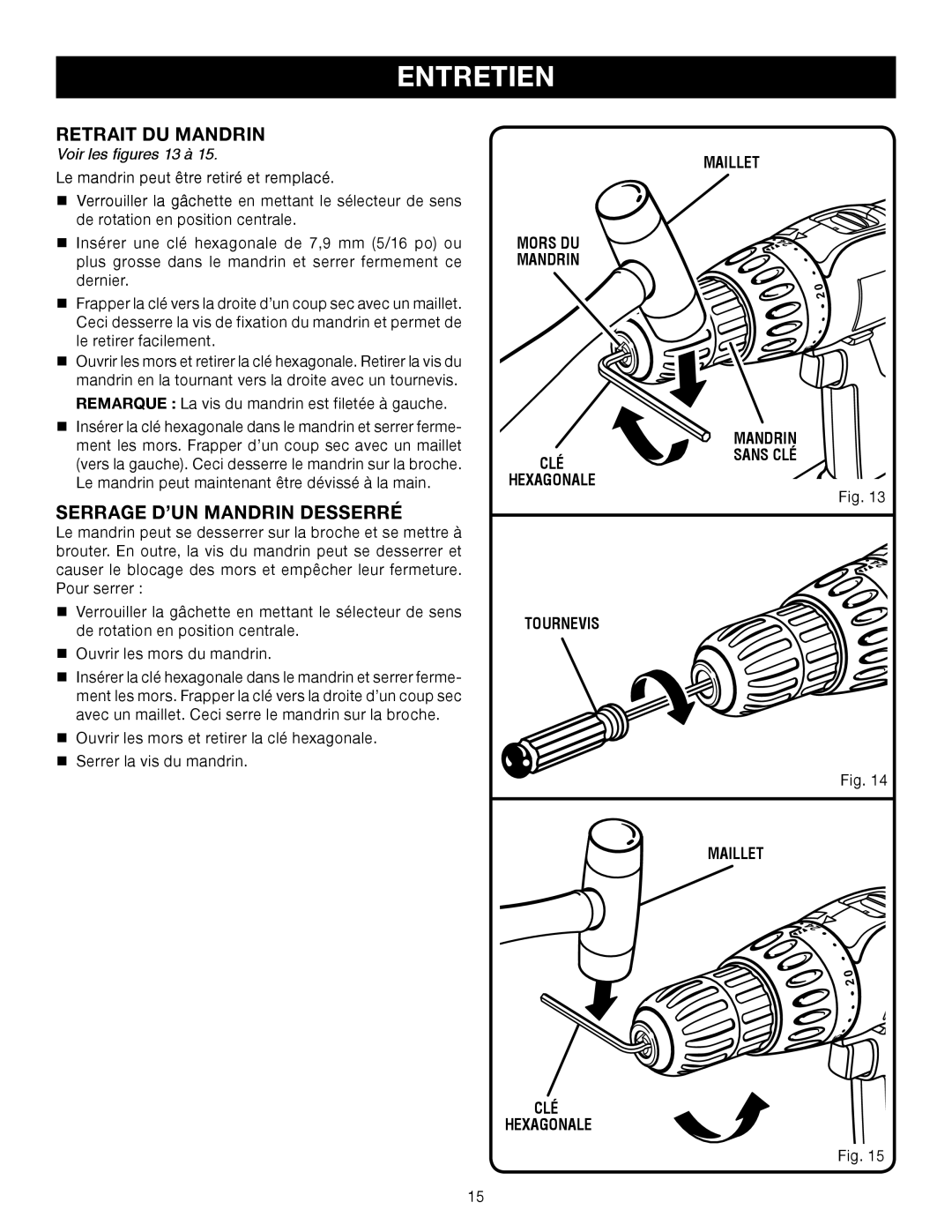 Ryobi P206 manual Retrait DU Mandrin, Serrage D’UN Mandrin Desserré, Voir les figures 13 à, CLÉ Hexagonale Maillet 