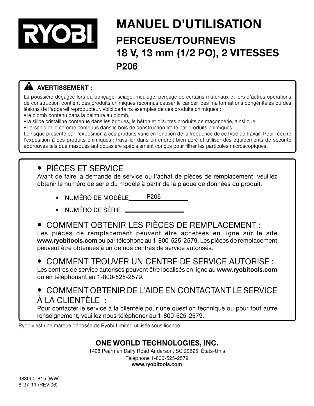 Ryobi P206 manual Pièces ET Service 