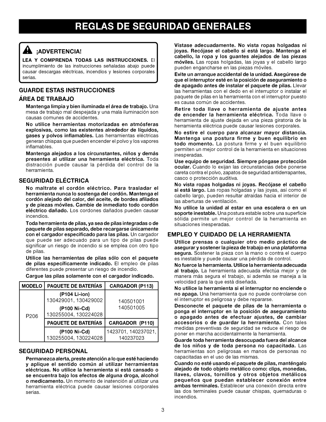 Ryobi P206 manual Reglas DE Seguridad Generales, ¡Advertencia, Seguridad Eléctrica, Seguridad Personal 